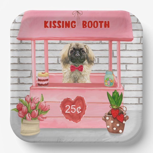 pekingese Dog Valentine's Day Kissing Booth Paper Plates (Front)
