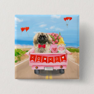 Pekingese Dog Valentine's Day Truck Hearts Button