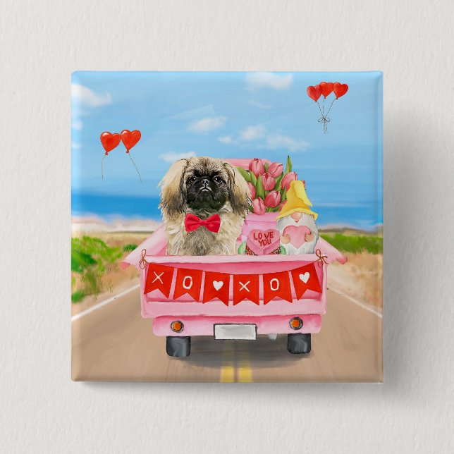 Pekingese Dog Valentine's Day Truck Hearts Button (Front)