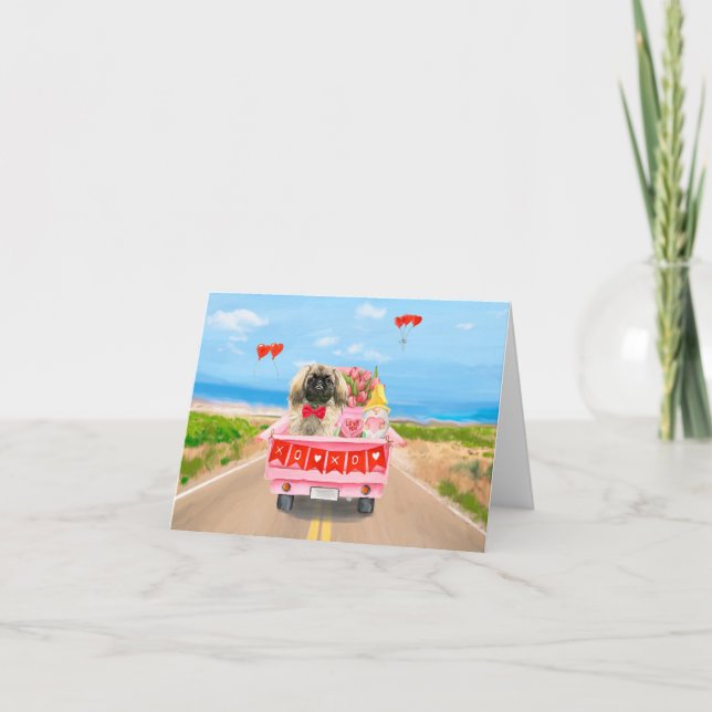 Pekingese Dog Valentine's Day Truck Hearts Card (Front)