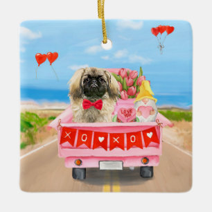 Pekingese Dog Valentine's Day Truck Hearts Ceramic Ornament