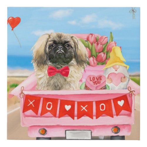 Pekingese Dog Valentines Day Truck Hearts  Faux Canvas Print