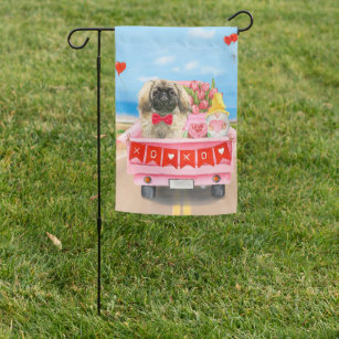 Pekingese Dog Valentine's Day Truck Hearts Garden Flag