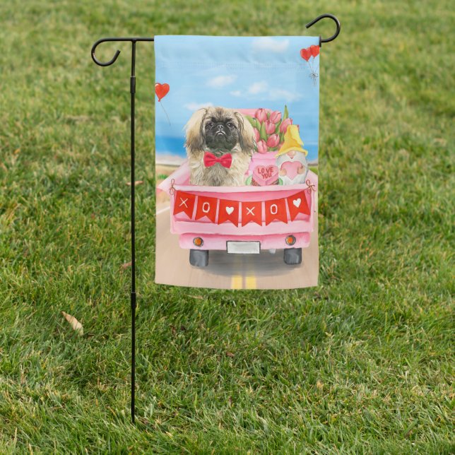 Pekingese Dog Valentine's Day Truck Hearts Garden Flag (In SItu)
