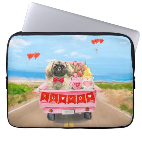 Pekingese Dog Valentines Day Truck Hearts Laptop Sleeve