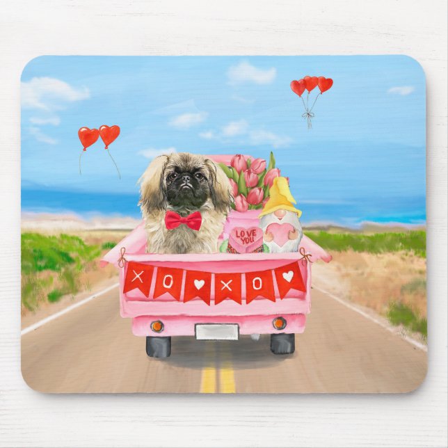 Pekingese Dog Valentine's Day Truck Hearts Mouse Pad (Front)