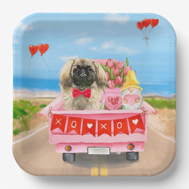 Pekingese Dog Valentine's Day Truck Hearts Paper Plates (Front)