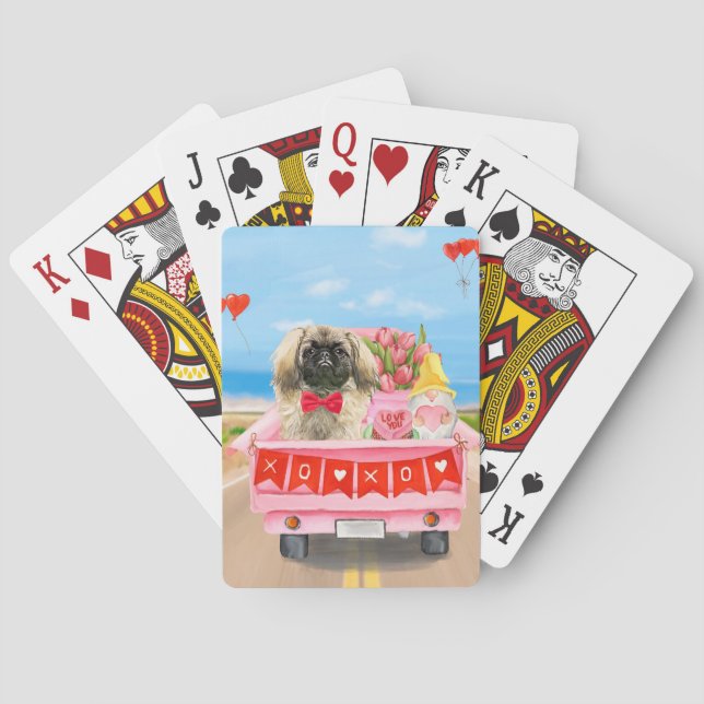 Pekingese Dog Valentine's Day Truck Hearts Poker Cards (Back)