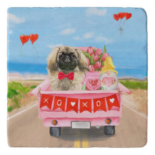 Pekingese Dog Valentine's Day Truck Hearts Trivet