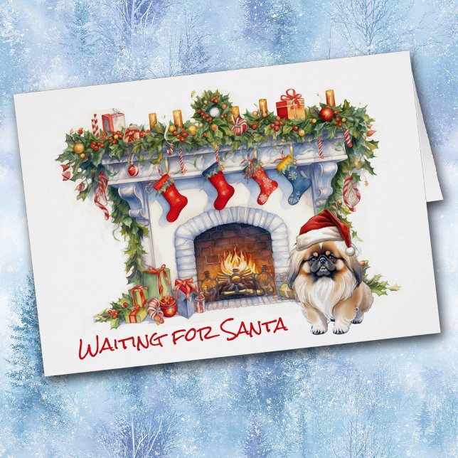 Pekingese Dog Wait for Santa Fireplace Cards (Creator Uploaded)