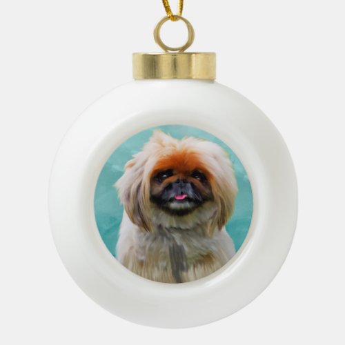 Pekingese Dog Watercolor Art Portrait Ceramic Ball Christmas Ornament