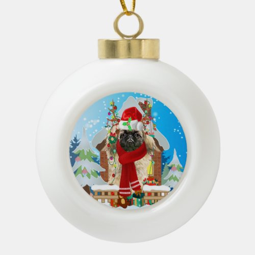 Pekingese dog with Christmas gifts Ceramic Ball Christmas Ornament
