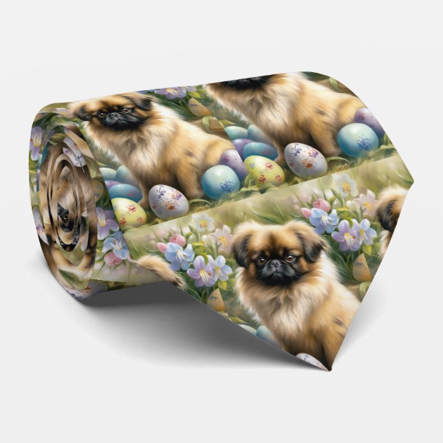 Pekingese Dog with Easter Eggs Holiday  Neck Tie (Rolled)