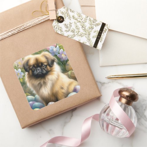 Pekingese Dog with Easter Eggs Holiday  Square Sticker