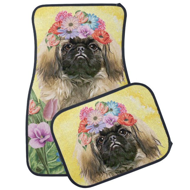 Pekingese Dog with Flowers Car Floor Mat (Set)