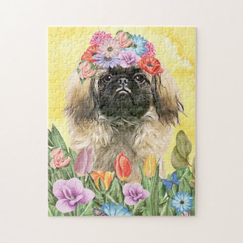 Pekingese Dog with Flowers Spring Jigsaw Puzzle