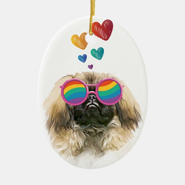 Pekingese Dog with Hearts Valentine's Day Ceramic Ornament (Front)