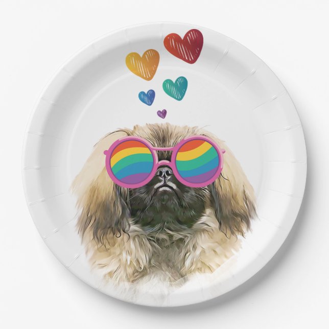 Pekingese Dog with Hearts Valentine's Day Paper Plates (Front)