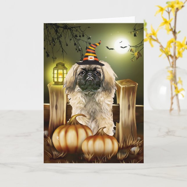 Pekingese Dog with Witch Hat Halloween  Card (Yellow Flower)