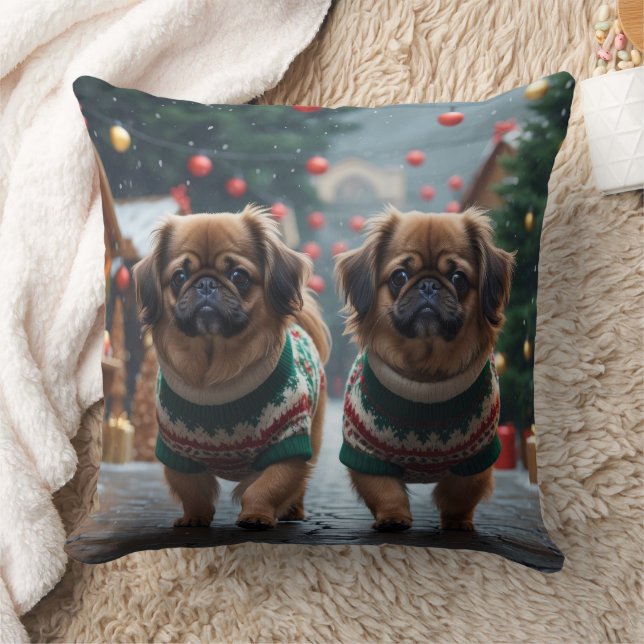 Pekingese Dogs Christmas Snow Holiday Throw Pillow (Blanket)