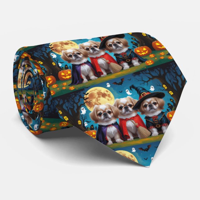 Pekingese Dogs Pumpkin Halloween Funny Neck Tie (Rolled)