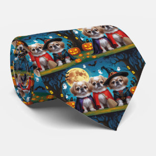 Pekingese Dogs Pumpkin Halloween Funny Neck Tie