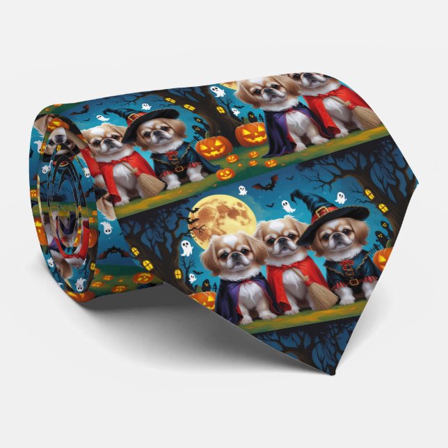 Pekingese Dogs Pumpkin Halloween Funny Neck Tie (Rolled)