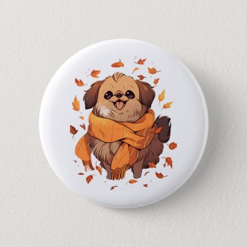 Pekingese Fall Dog Autumn Leaves Thanksgiving Button