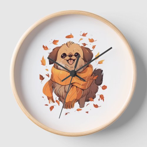 Pekingese Fall Dog Autumn Leaves Thanksgiving Clock