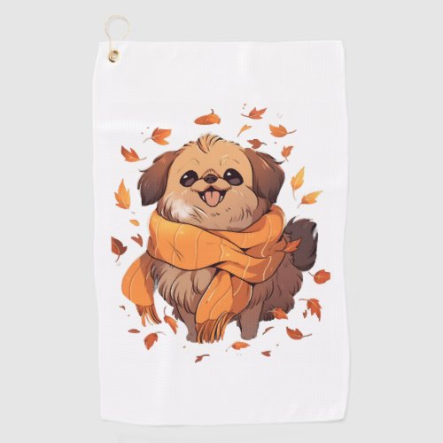 Pekingese Fall Dog Autumn Leaves Thanksgiving Golf Towel