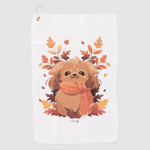 Pekingese Fall Dog Autumn Leaves Thanksgiving  Golf Towel