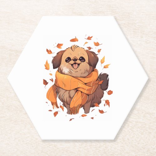 Pekingese Fall Dog Autumn Leaves Thanksgiving Paper Coaster