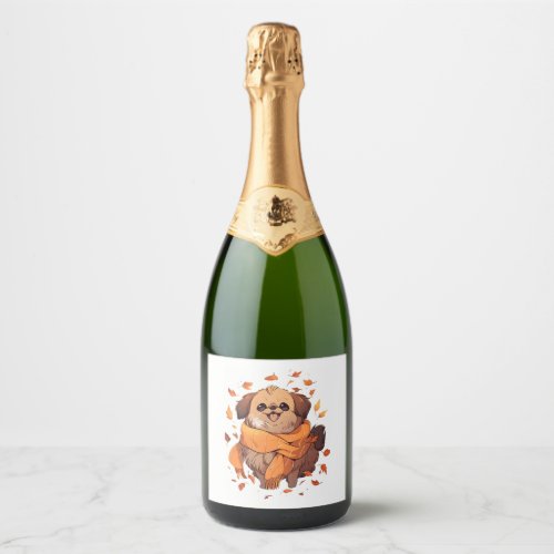 Pekingese Fall Dog Autumn Leaves Thanksgiving Sparkling Wine Label