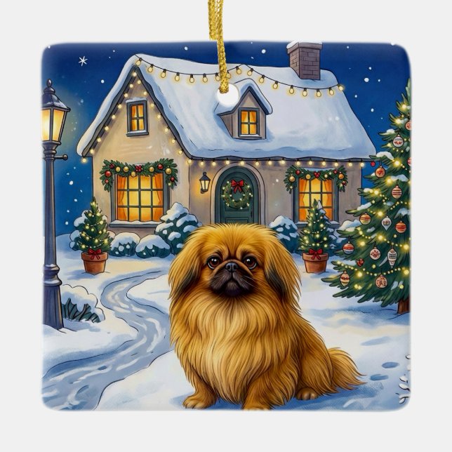 Pekingese Holiday  Ceramic Ornament (Front)