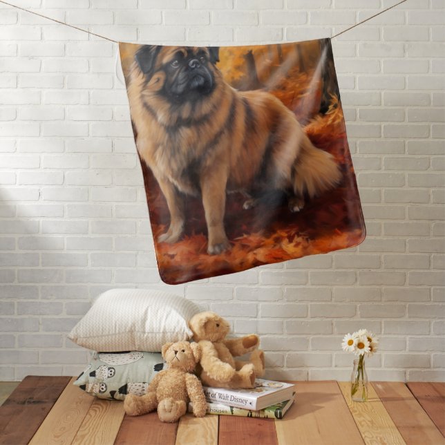 Pekingese in Autumn Leaves Fall Inspire Baby Blanket (In Situ)