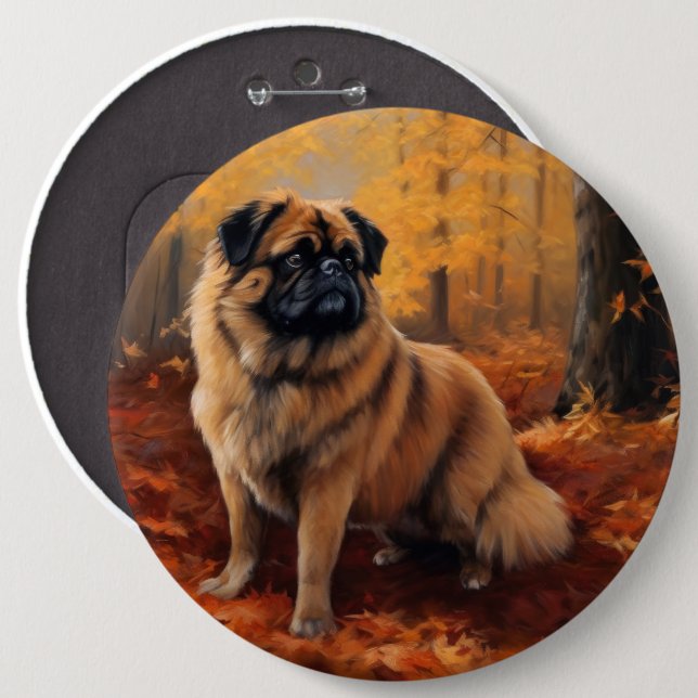 Pekingese in Autumn Leaves Fall Inspire Button (Front & Back)