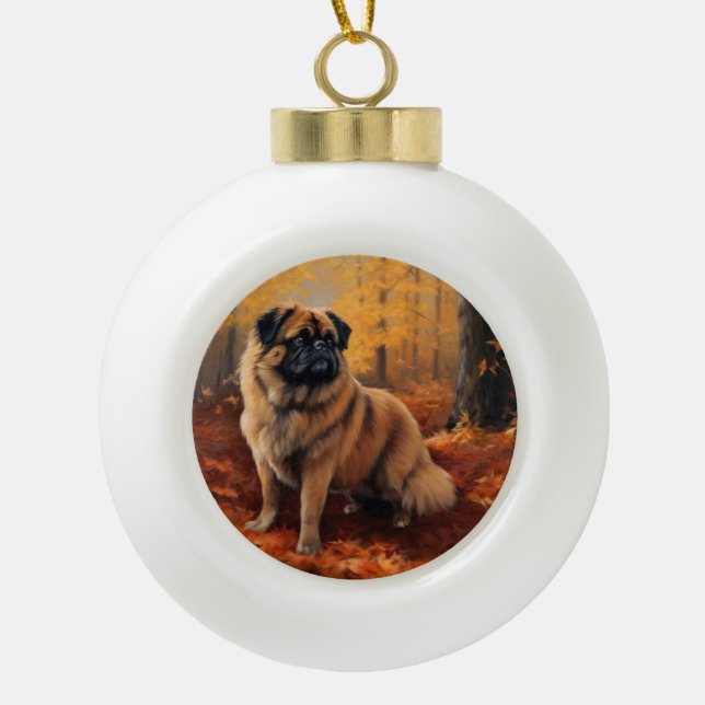 Pekingese in Autumn Leaves Fall Inspire Ceramic Ball Christmas Ornament (Front)
