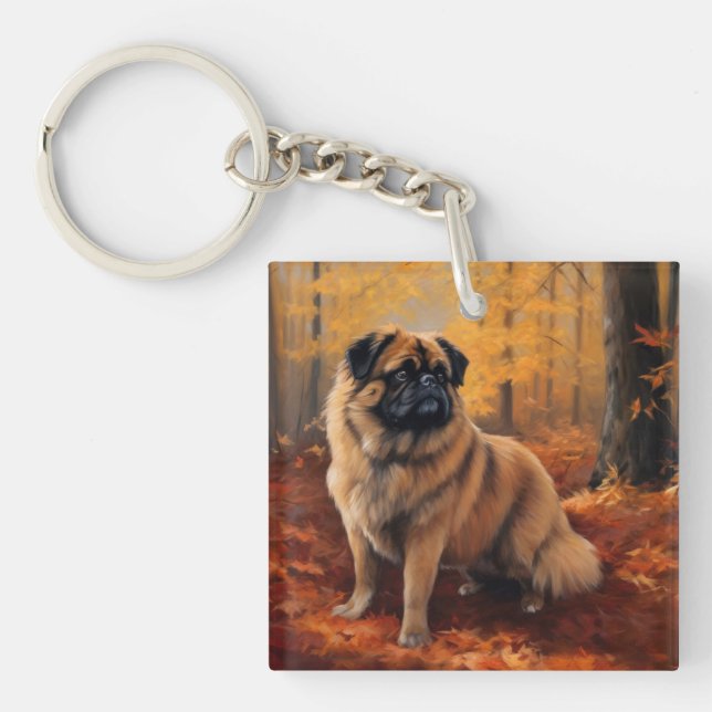 Pekingese in Autumn Leaves Fall Inspire Keychain (Front)