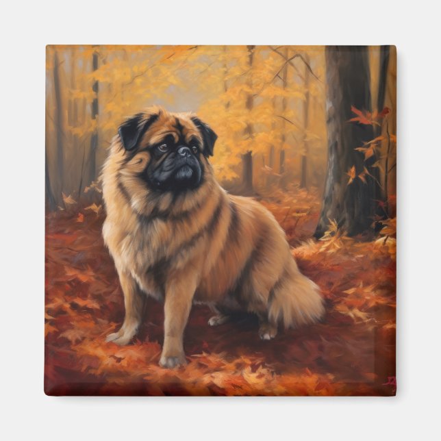 Pekingese in Autumn Leaves Fall Inspire Magnet (Front)