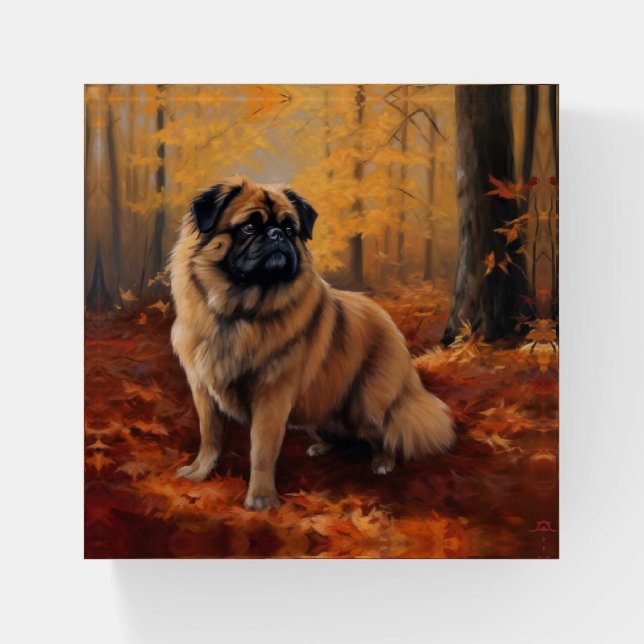 Pekingese in Autumn Leaves Fall Inspire Paperweight (Front)