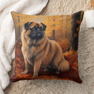 Pekingese in Autumn Leaves Fall Inspire Throw Pillow