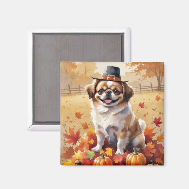 Pekingese In Autumn Leaves Thanksgiving Art  Magnet (Front/Back)