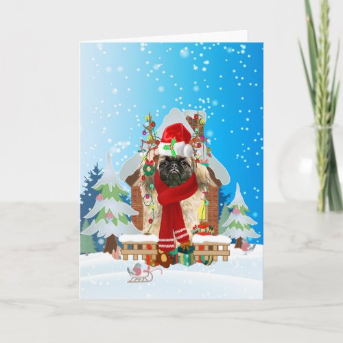 Pekingese in snow with Christmas gifts  Card