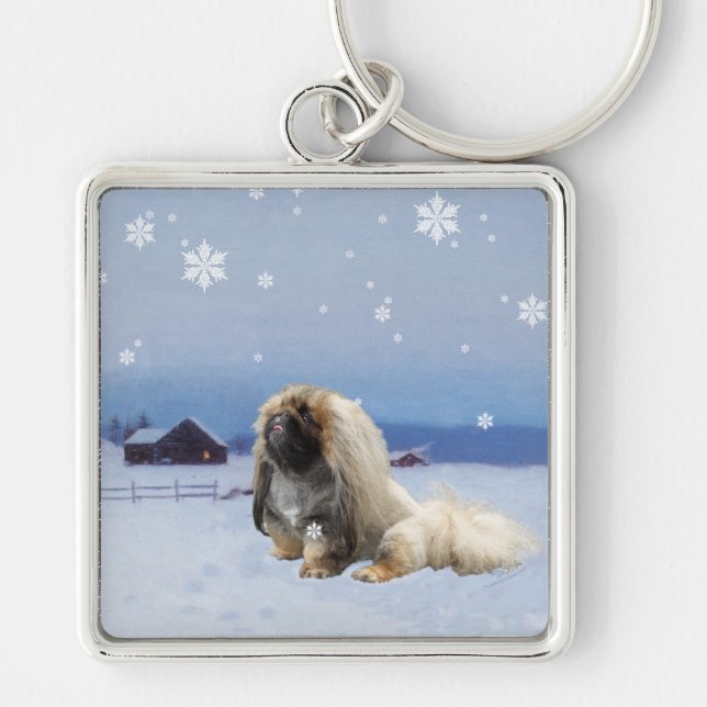 Pekingese in Winter Keychain (Front)