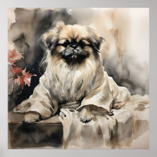 Pekingese Lounging in a Silk Robe Ink Drawing Poster