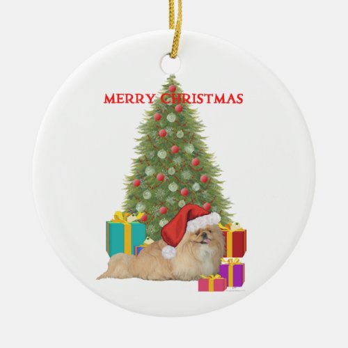 Pekingese Merry Christmas Ceramic Ornament