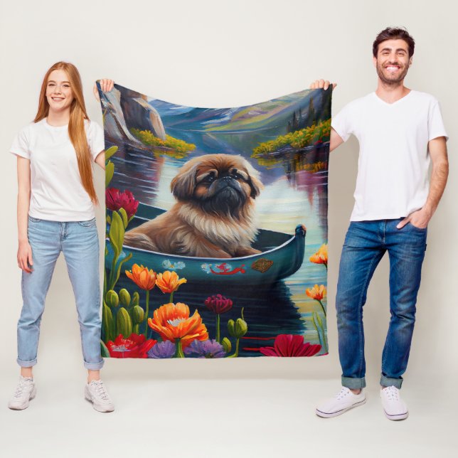 Pekingese on a Paddle: A Scenic Adventure Fleece Blanket (In Situ)