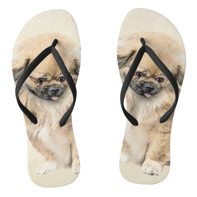 Pekingese Painting - Cute Original Dog Art Flip Flops (Footbed)