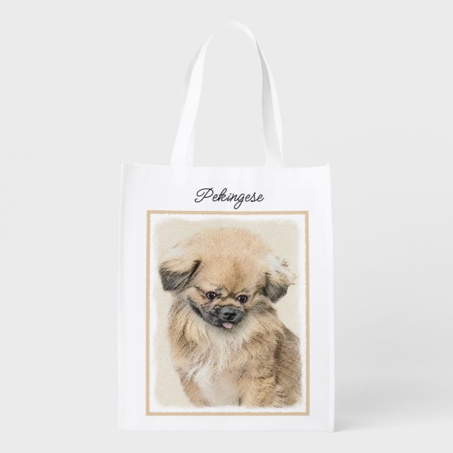 Pekingese Painting - Cute Original Dog Art Grocery Grocery Bag (Back)