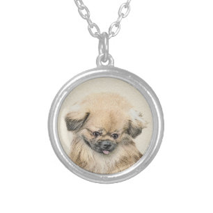 Pekingese Painting - Cute Original Dog Art Silver Plated Necklace